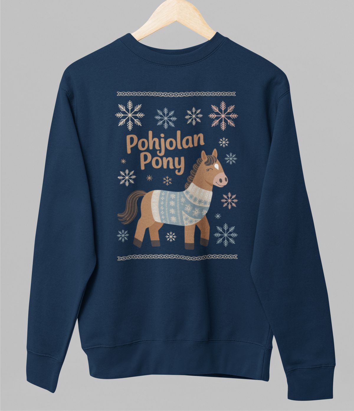 Sininen unisex collegepaita "Pohjolan poni"