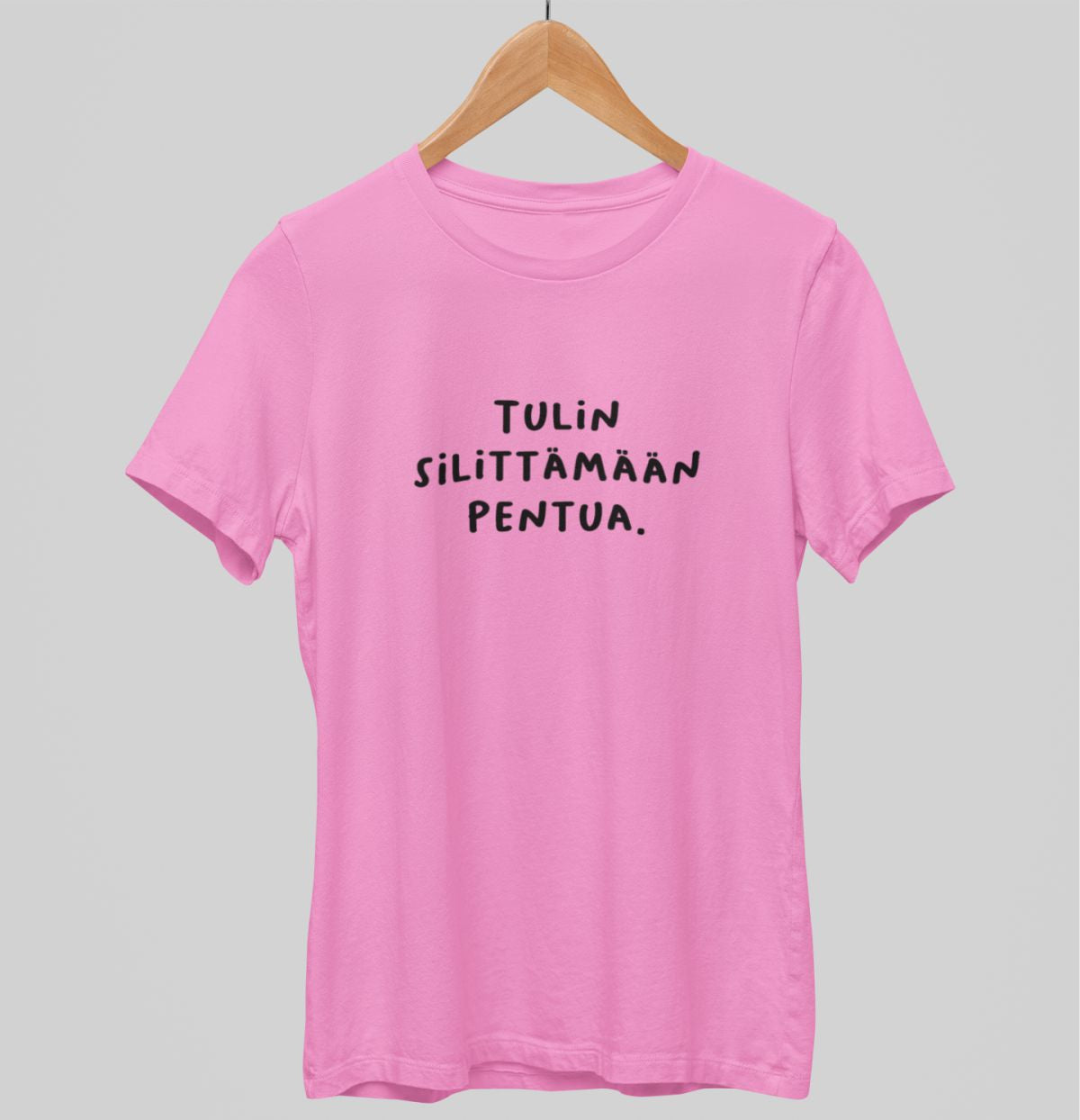 Vaaleanpunainen unisex T-paita "Tulin silittämään pentua."