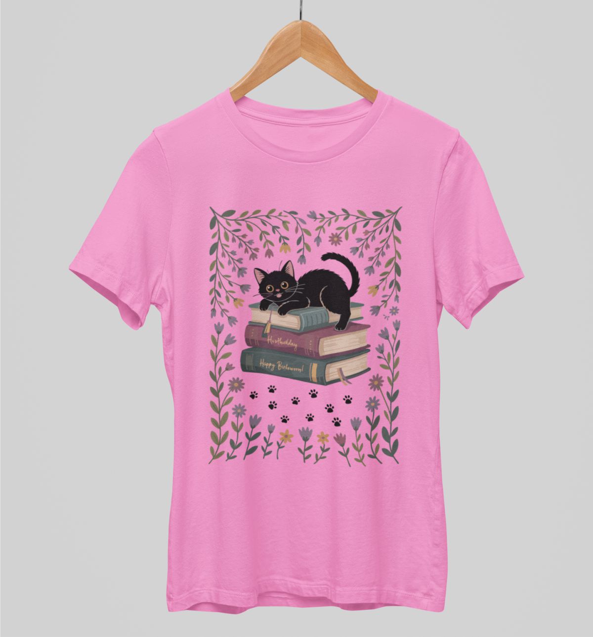 Vaaleanpunainen unisex T-paita "Cats and books"