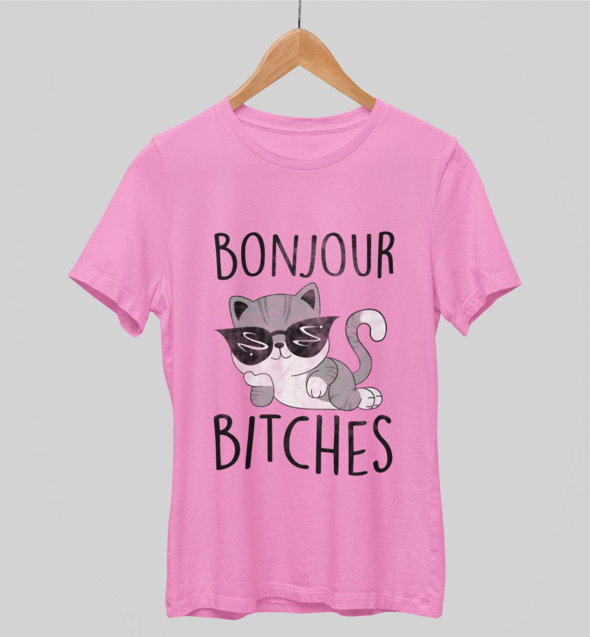 Vaaleanpunainen unisex T-paita "Bonjour bitches"