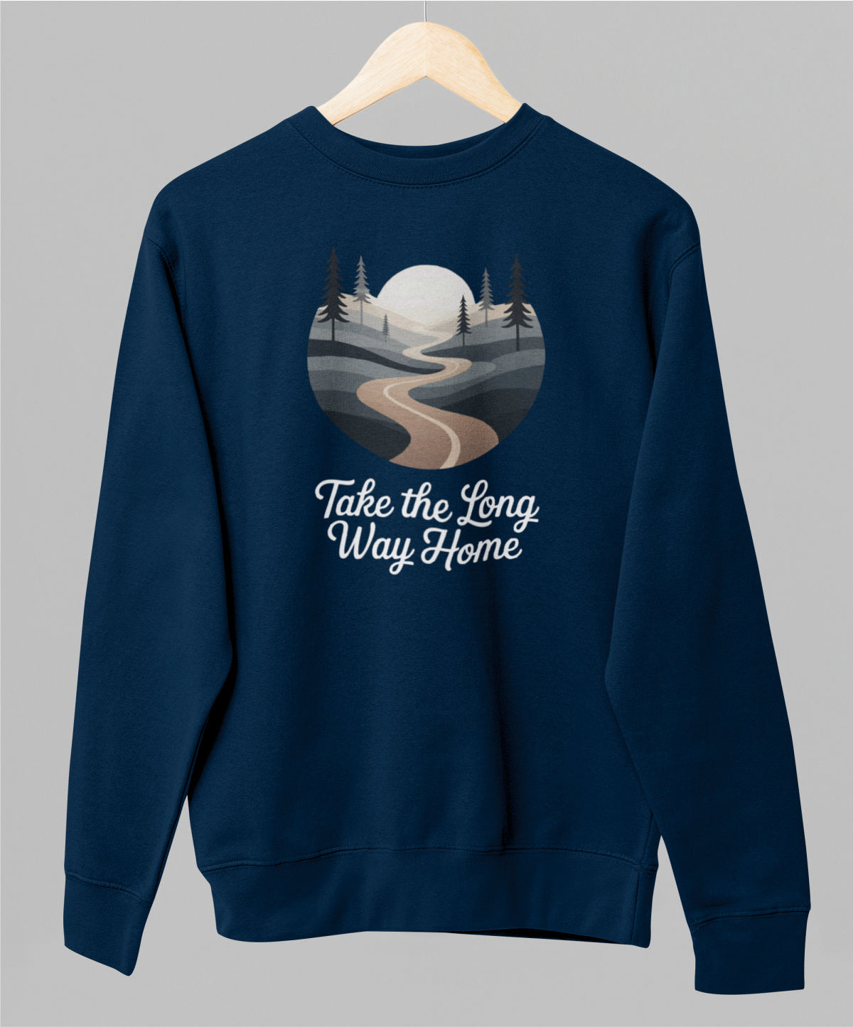 Sininen unisex collegepaita "Take the long way home"