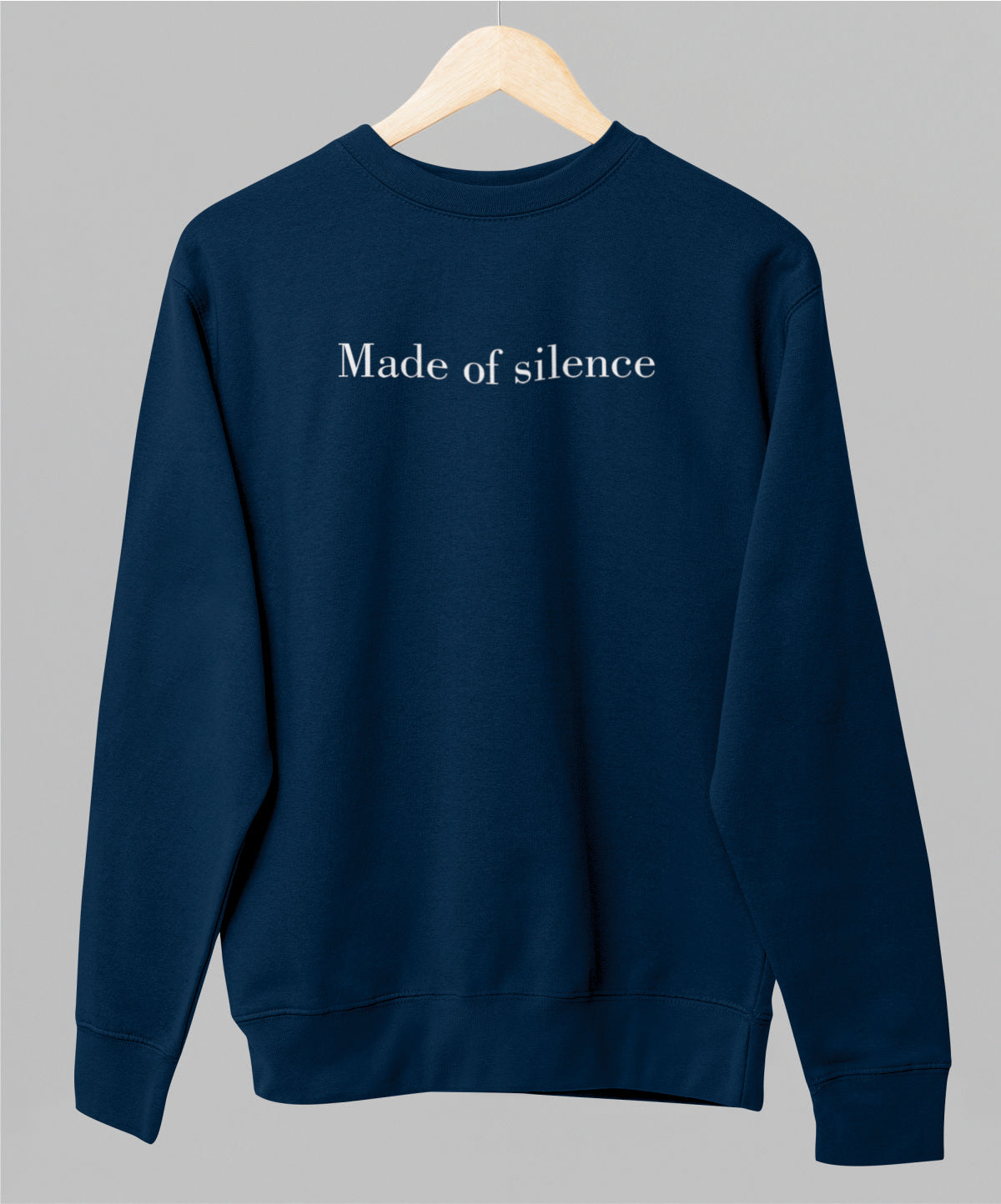 Sininen unisex collegepaita "Made of silence"