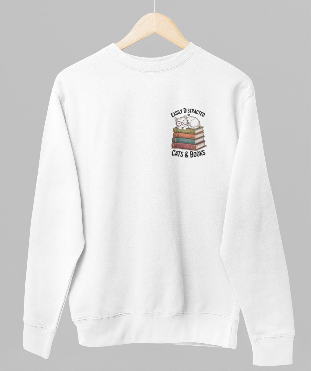 Valkoinen unisex collegepaita "Easily distracted"