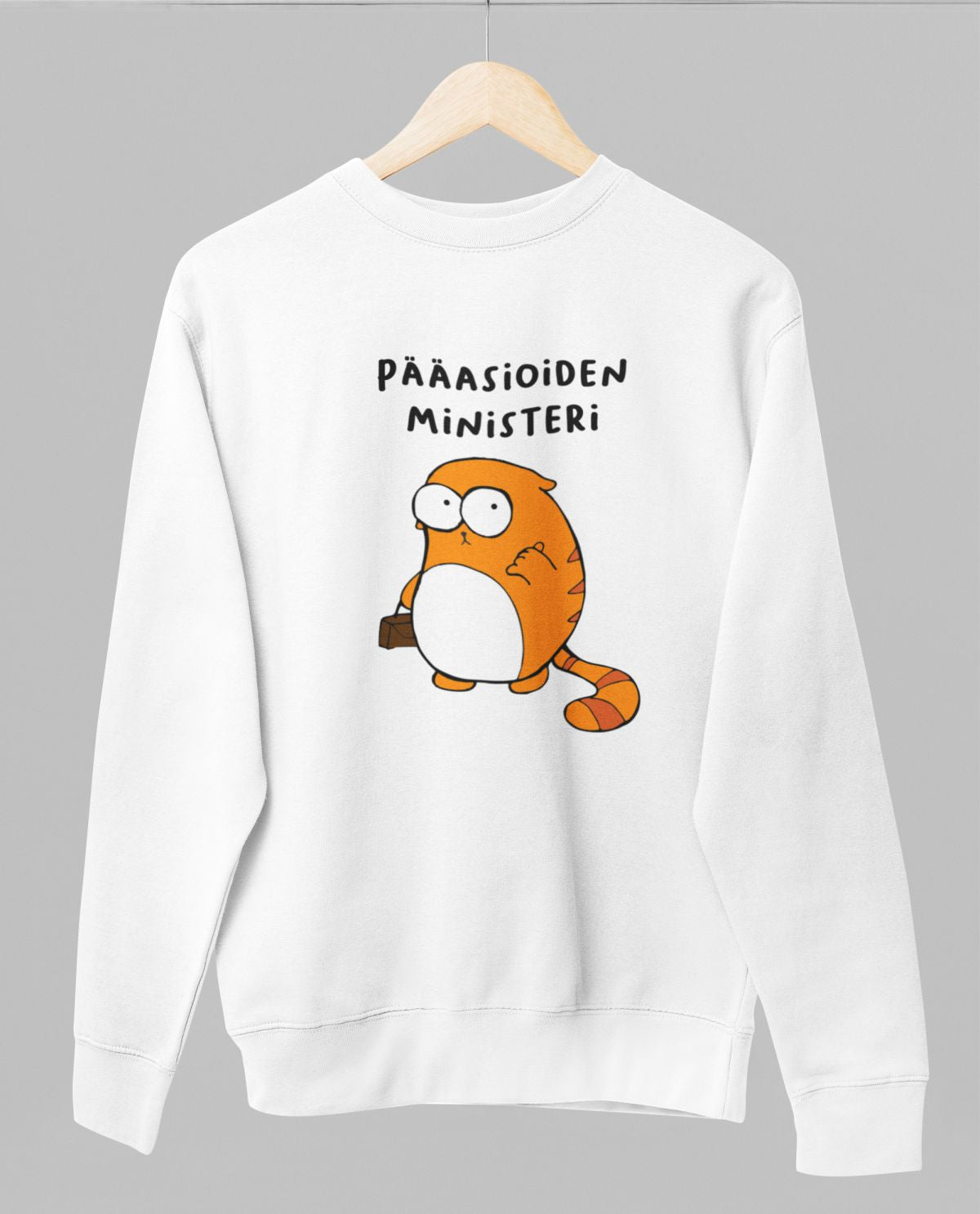 Valkoinen unisex collegepaita "Pääasioiden ministeri"