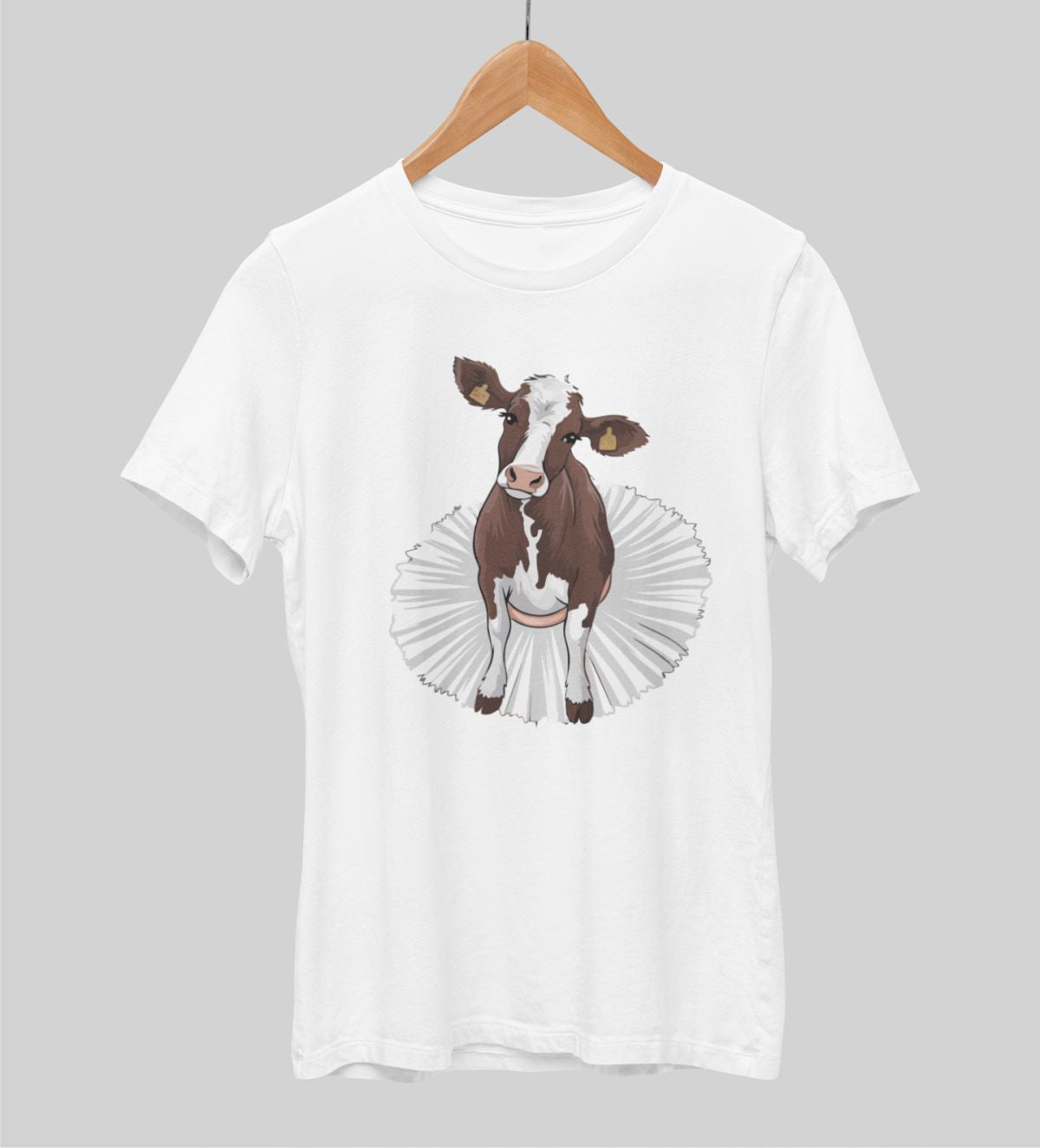 Valkoiset unisex T-paidat "Lehmä hameessa"