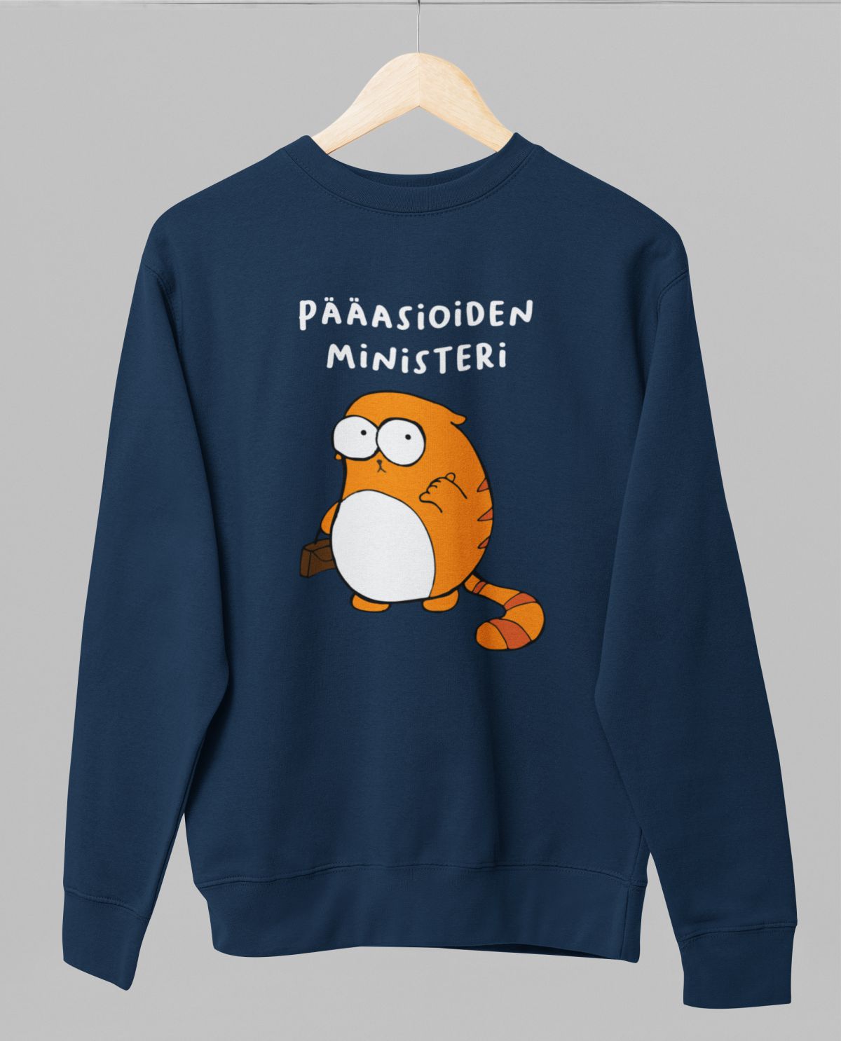 Sininen unisex collegepaita "Pääasioiden ministeri"