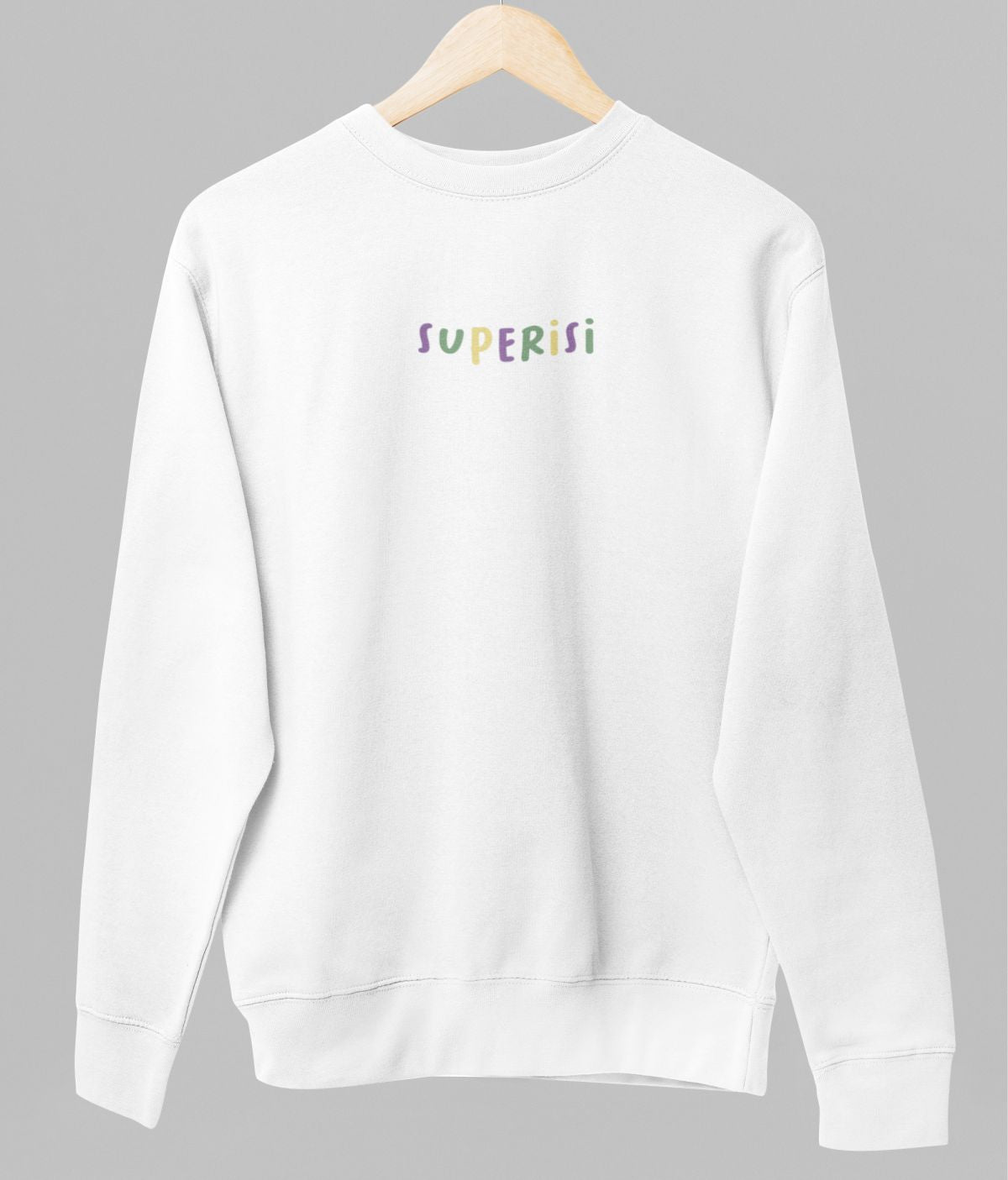 Valkoinen unisex collegepaita "Superisi"