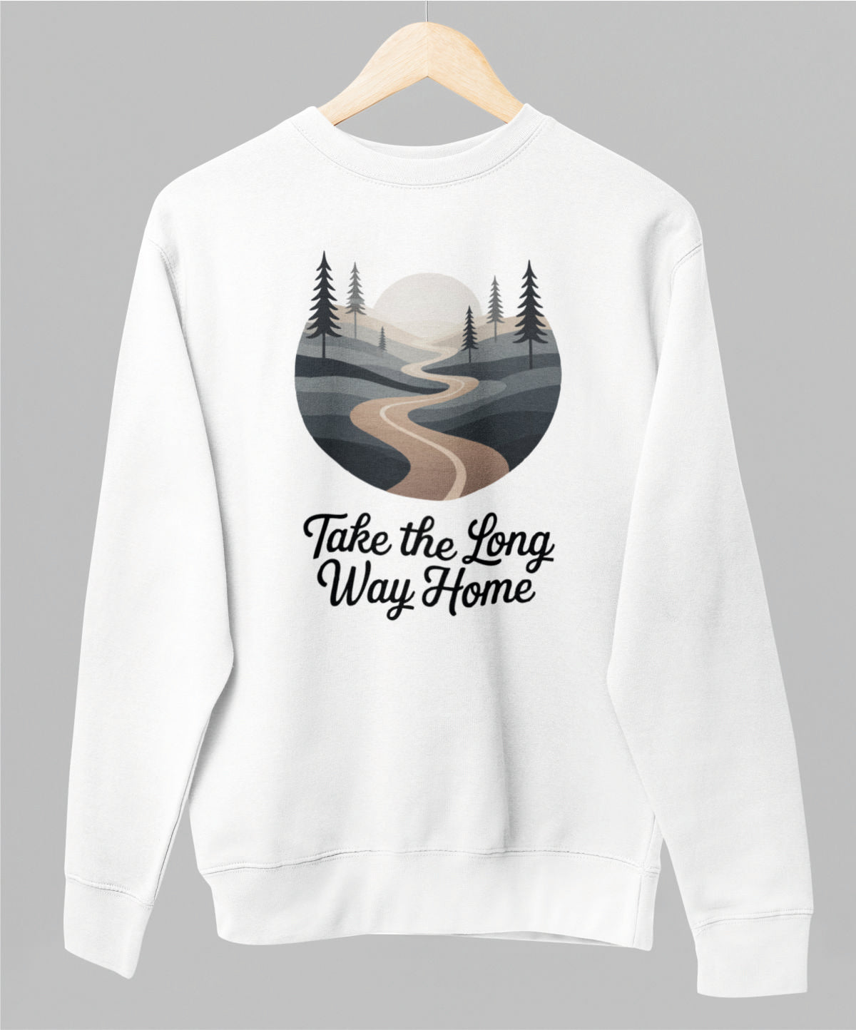 Valkoinen unisex collegepaita "Take the long way home"