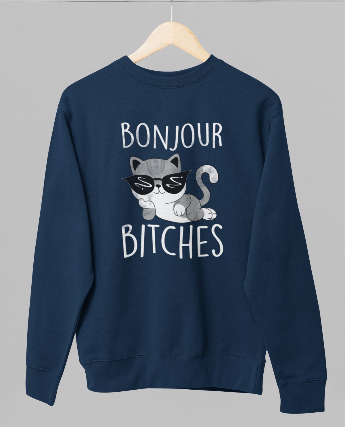 Sininen unisex collegepaita "Bonjour bitches"