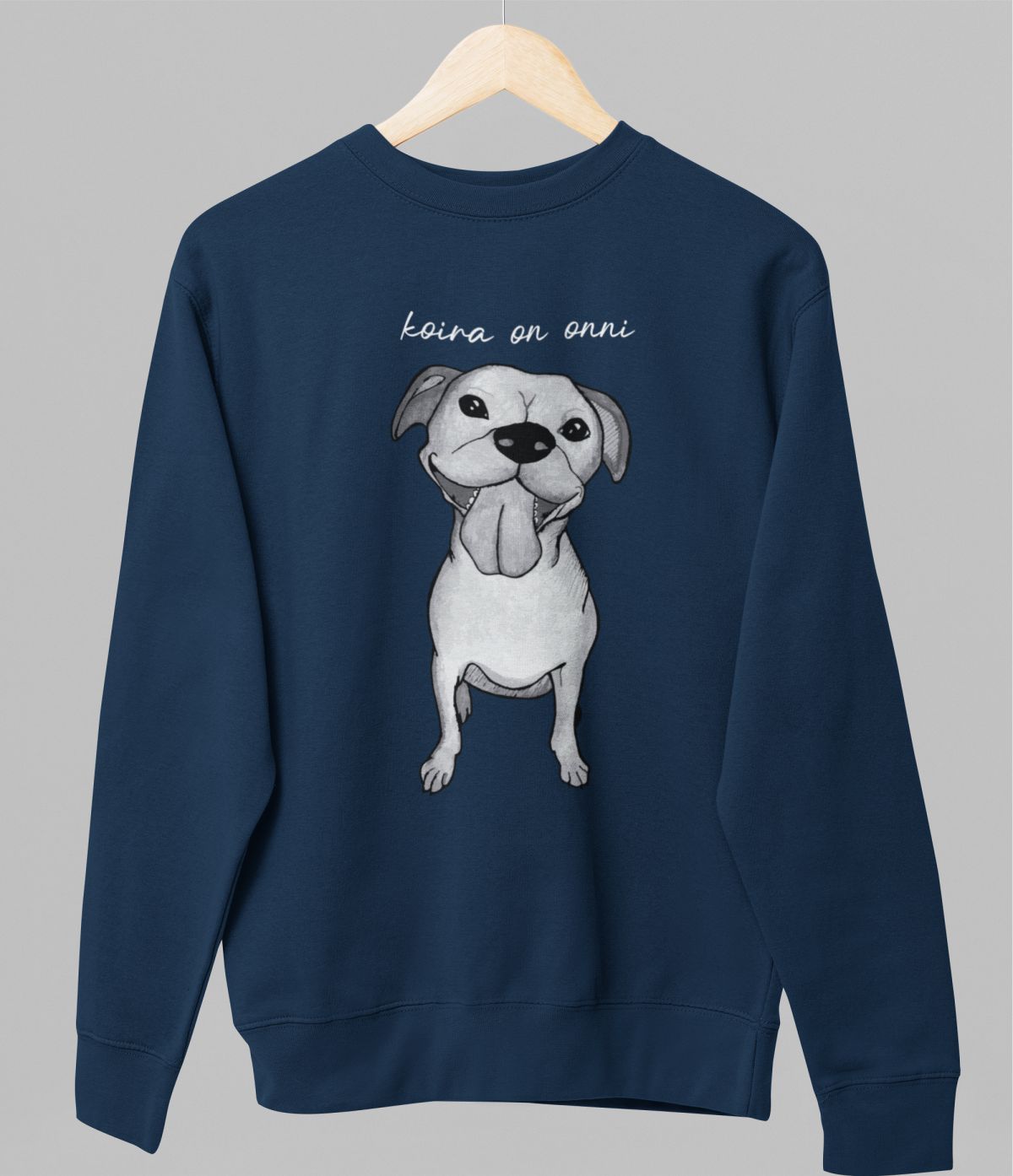 Sininen unisex collegepaita "Koira on onni"