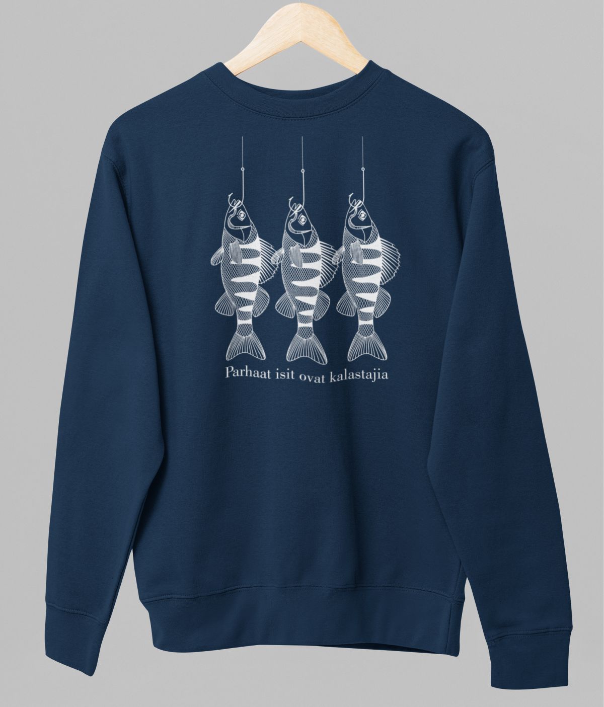 Sininen unisex collegepaita "Parhaat isit ovat kalastajia"