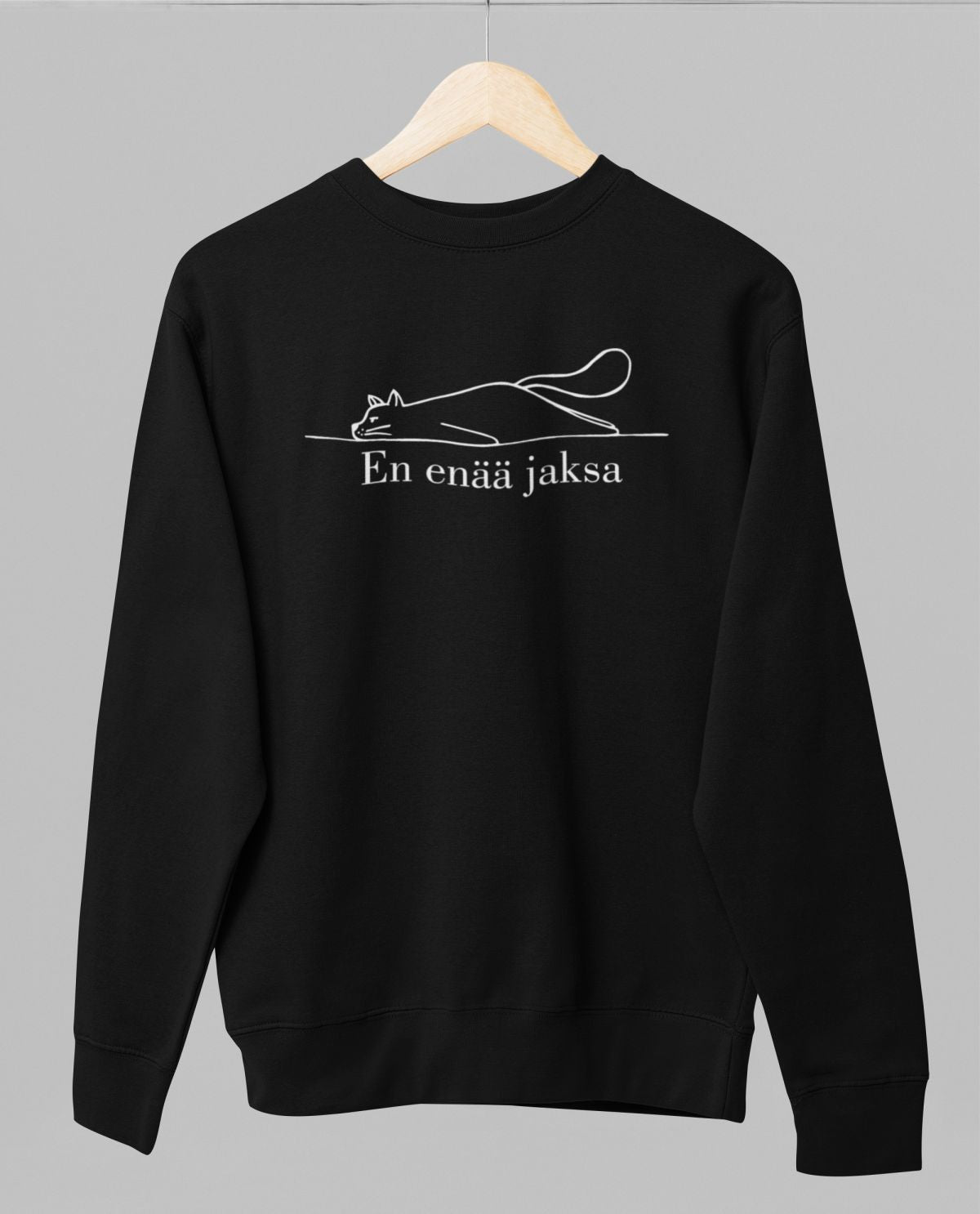 Musta unisex collegepaita "En enää jaksa"