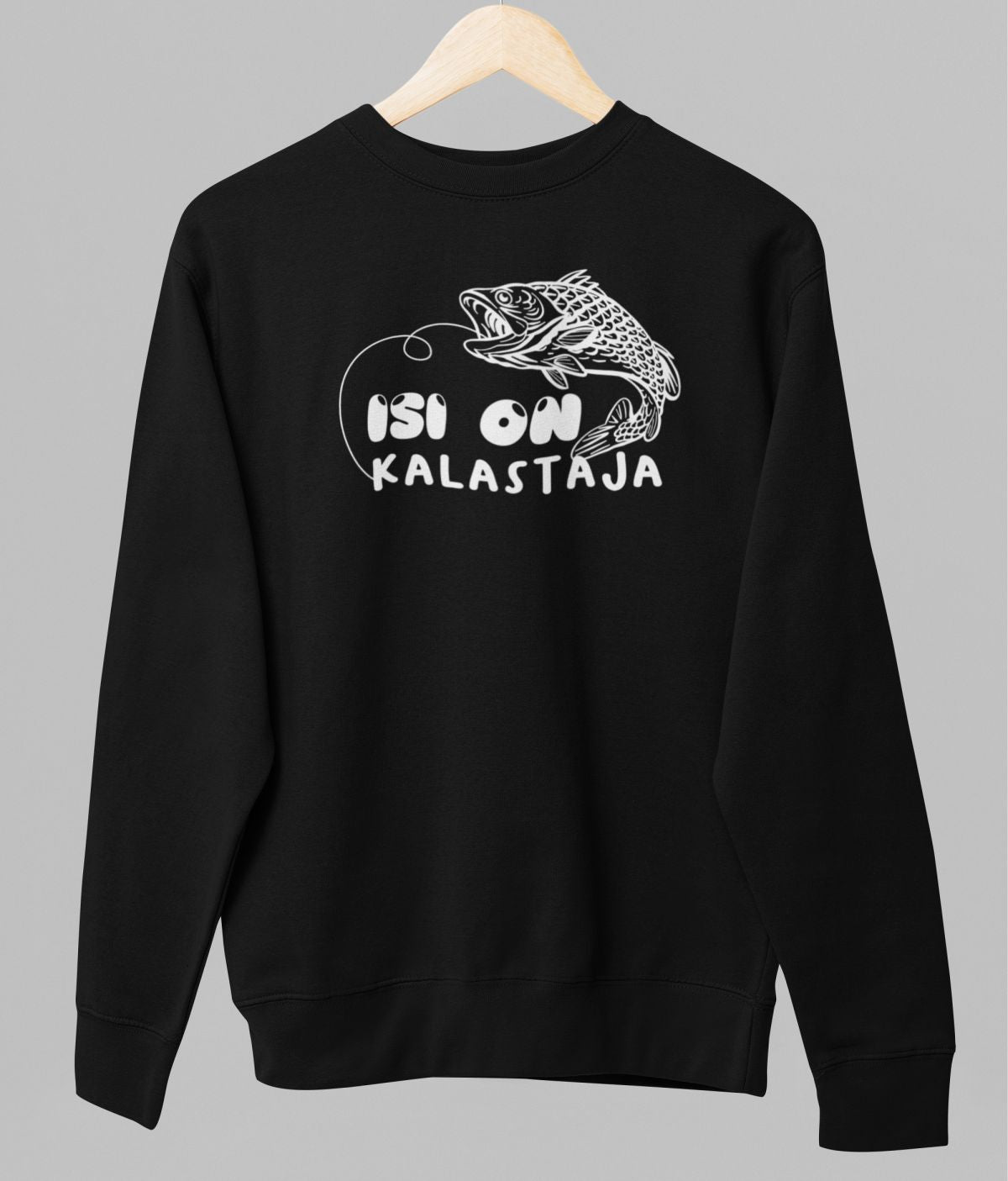 Musta unisex collegepaita "Isi on kalastaja"