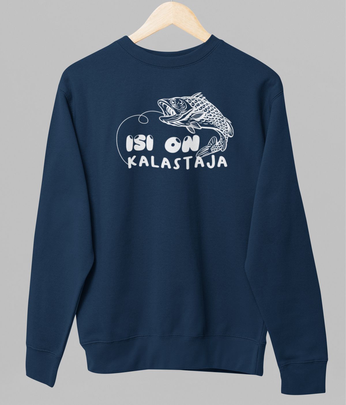 Sininen unisex collegepaita "Isi on kalastaja"