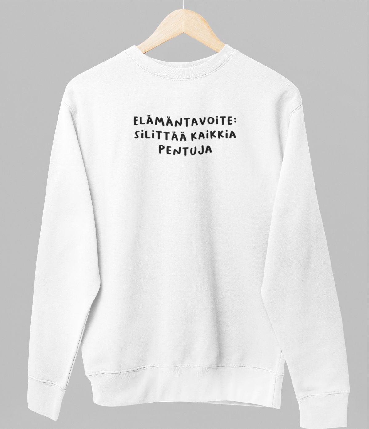 Valkoinen unisex collegepaita "Elämäntavoite"