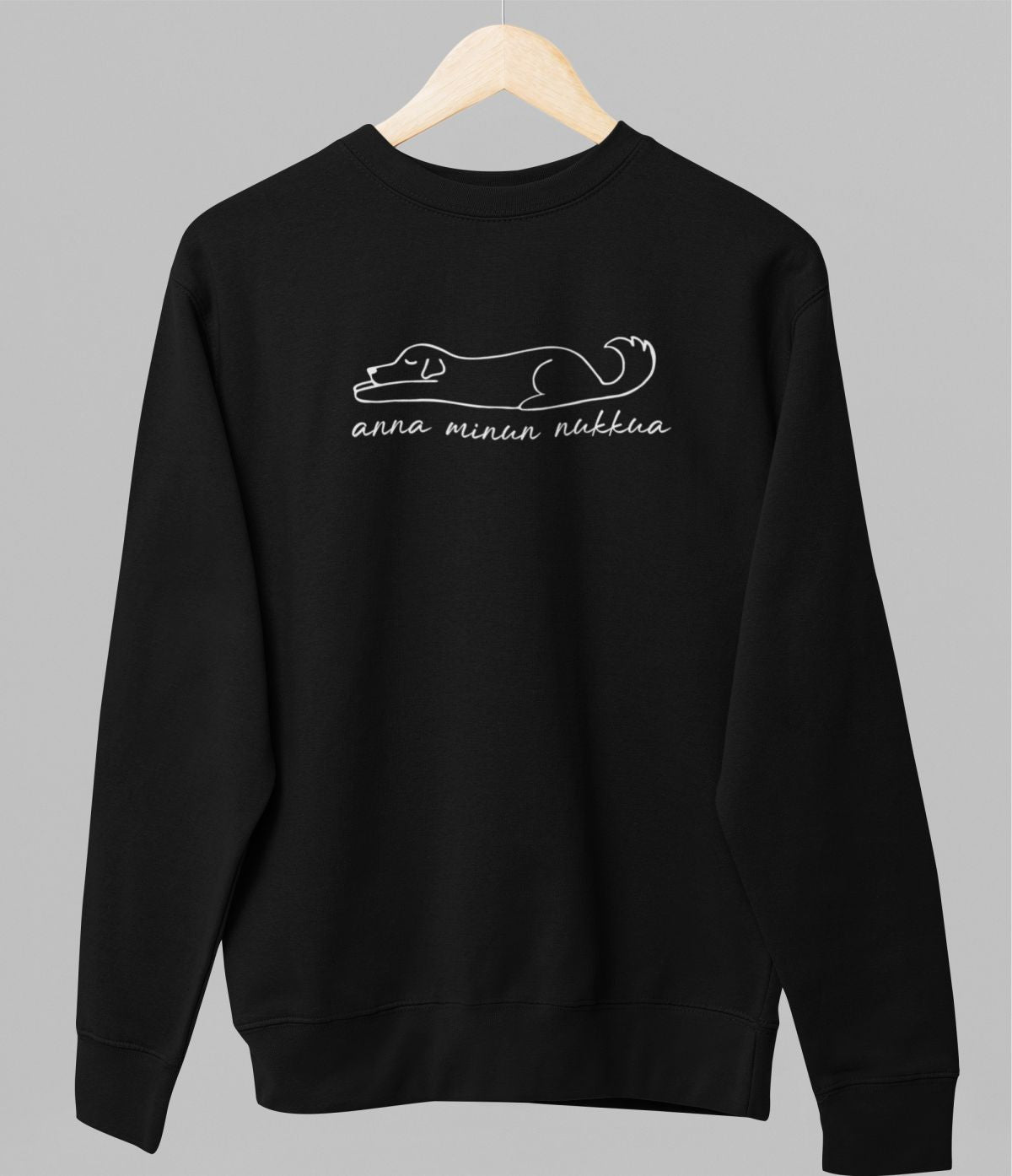 Musta unisex collegepaita "Anna minun nukkua"