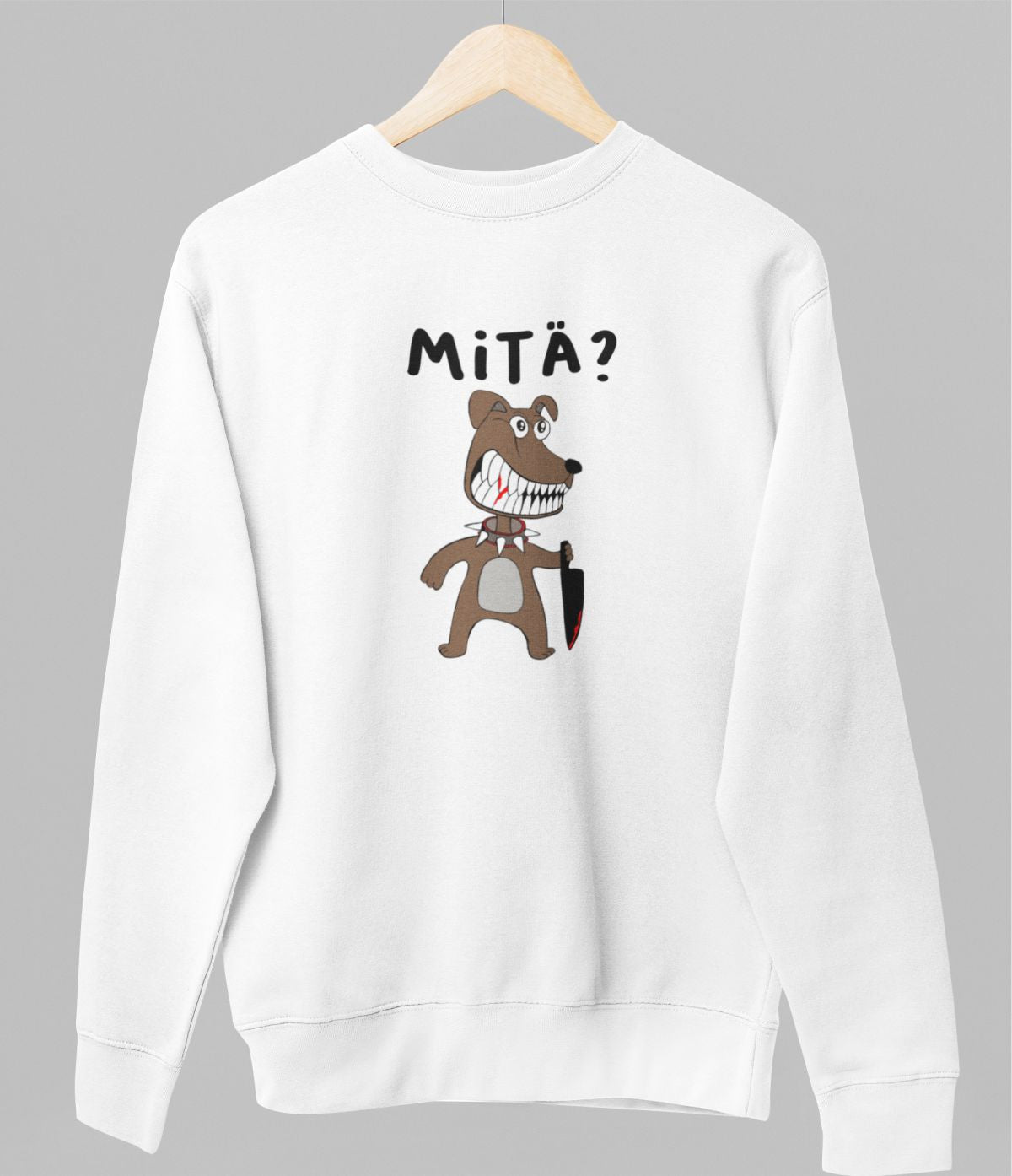 Valkoinen unisex collegepaita "Mitä pentu"