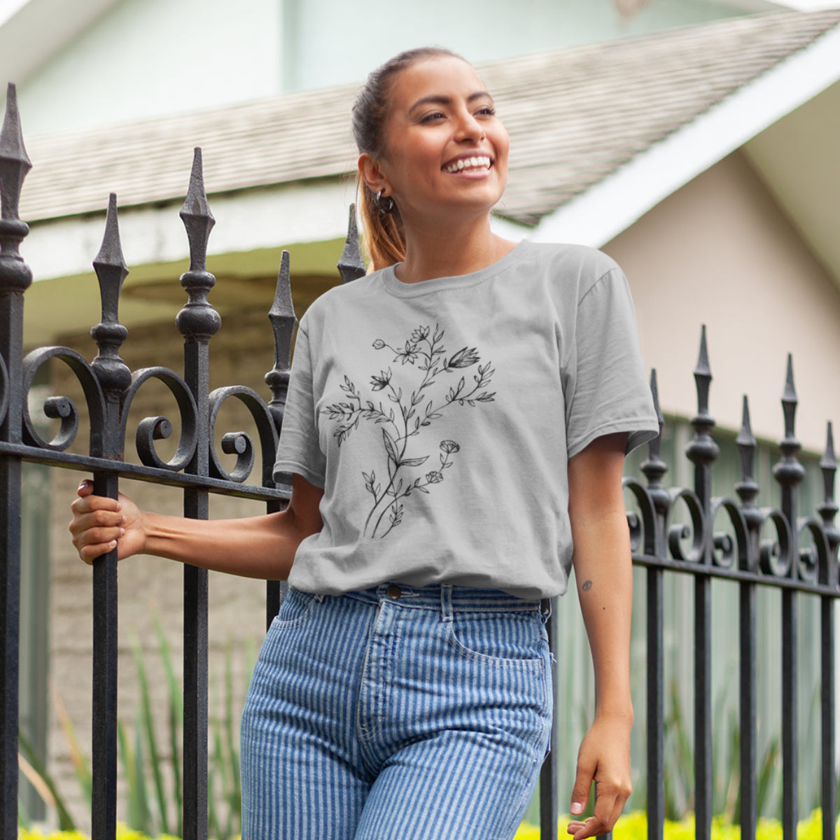 Harmaa meleerattu UNISEX T-paita Kukat